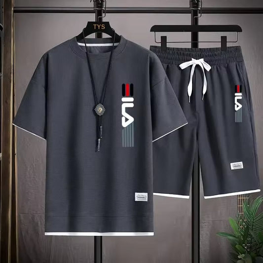 2025 Men's summer fashion printed short-sleeved T-shirt + shorts casual two-piece jogging fitness basketball suit